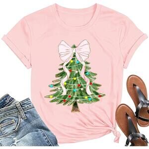 Christmas Tree w/Pink Bow Topper Graphic for Women Teens and Girls Cute Holiday
